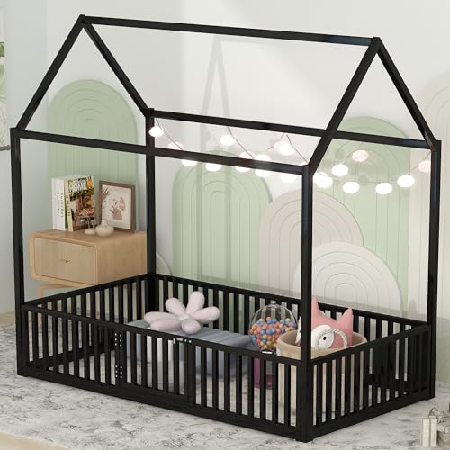Full Floor Bed with Door and Fence, Metal Montessori Bed Full Size, White D233