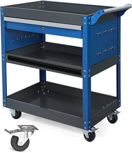Blue 3 Tier Rolling Tool Cart with Drawers T4233