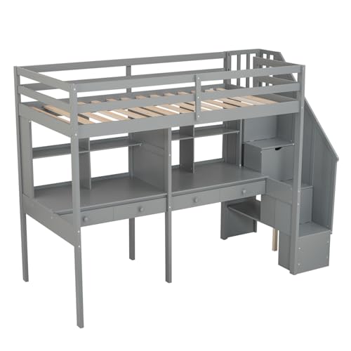 Gray Full Size Wood Loft Bed with Desk, Wardrobe and Three Storage Drawers Q4499
