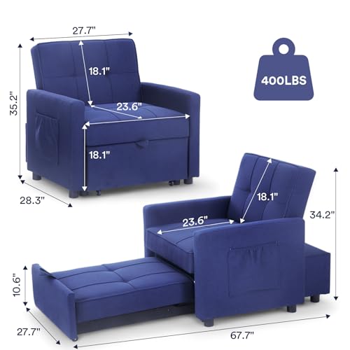 Blue Velvet Convertible Sleeper Sofa Bed with 2 Pillows Q986
