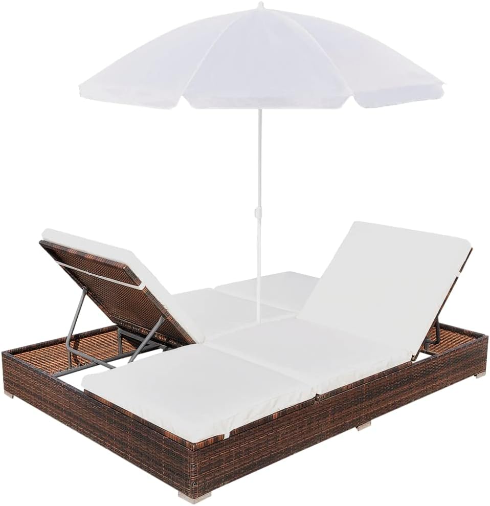 Brown Poly Rattan 2-Person Sun Lounger with Cushion and Umbrella Z1335