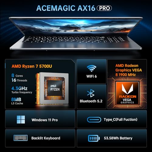 16.1inch Gaming Laptop with AMD Ryzen 7 5700U, 16GB RAM 512GB NVMe SSD Z4408
