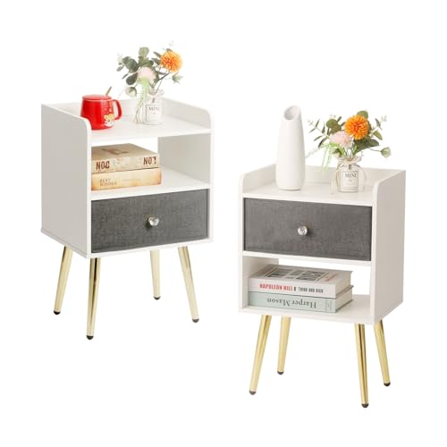 White Nightstand with Drawer Fabric Cabinet Storage with Sliding Drawers and Shelf P768