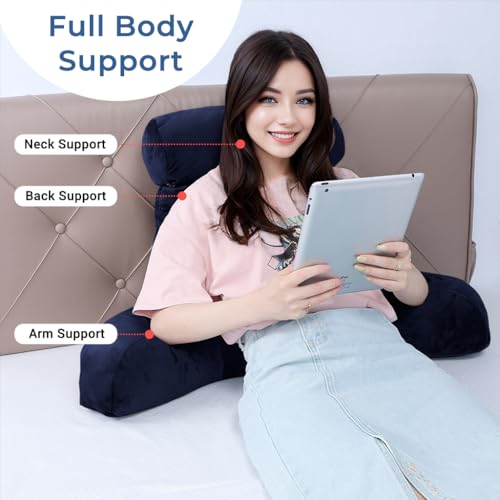 Grey Backrest Pillow with Arms, Headrest, Pockets, Removable Washable Cover, Detachable Neck Roll (Large 27") X66466