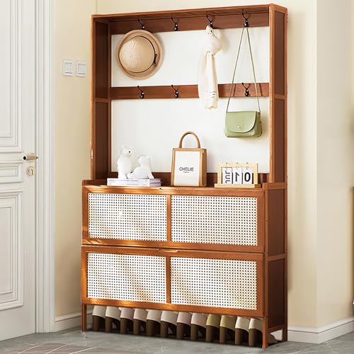Bamboo Hall Tree with Shoe Storage, 14 Shoe Cubbies, 8 Coat Hooks, Rustic Brown T60268