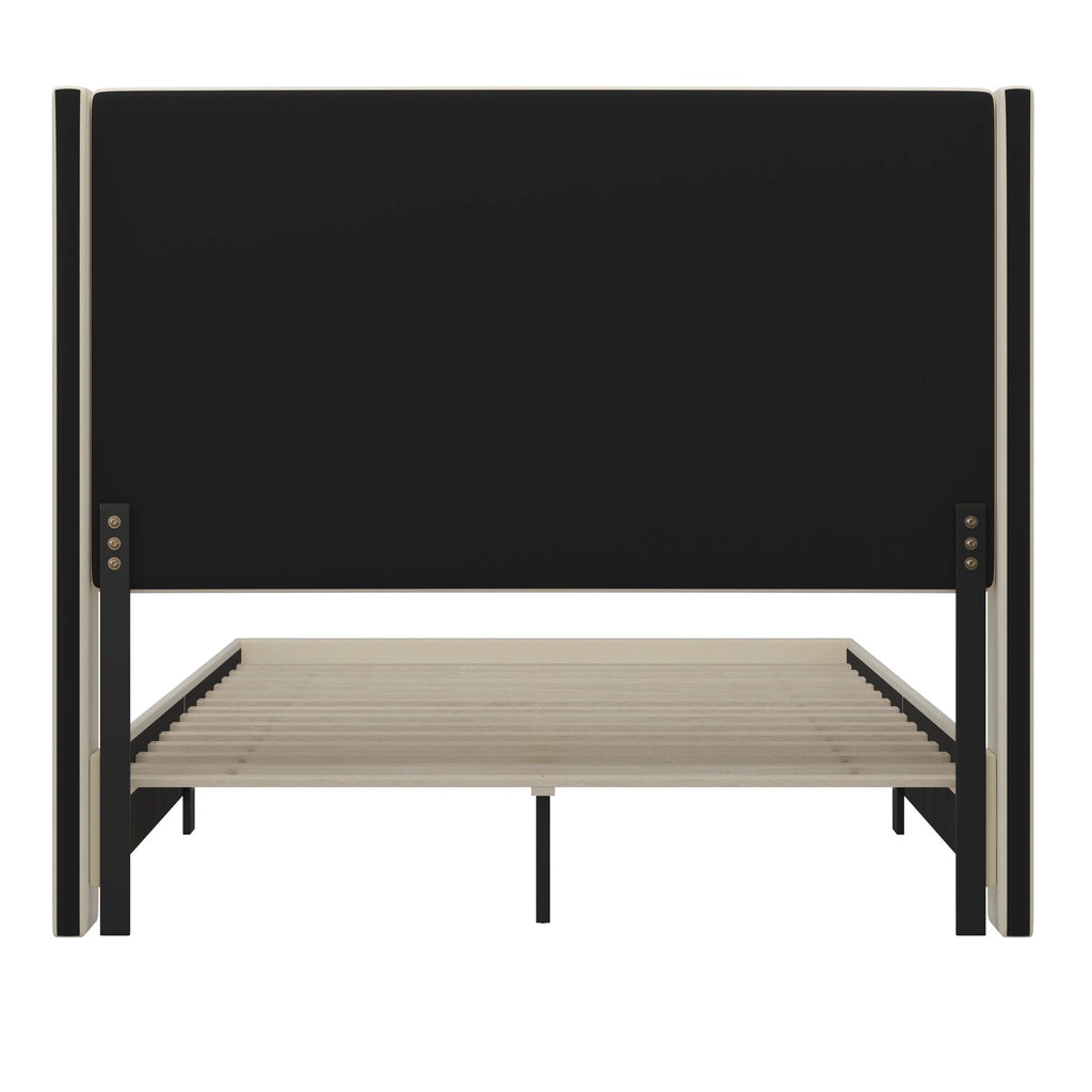 Beige Queen Size Platform Bed Frame with Padded Faux Linen Upholstered Wingback Headboard Z3555