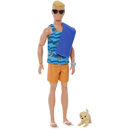 Poseable Blonde Ken Beach Doll with Surfboard and Pet Puppy Z5625