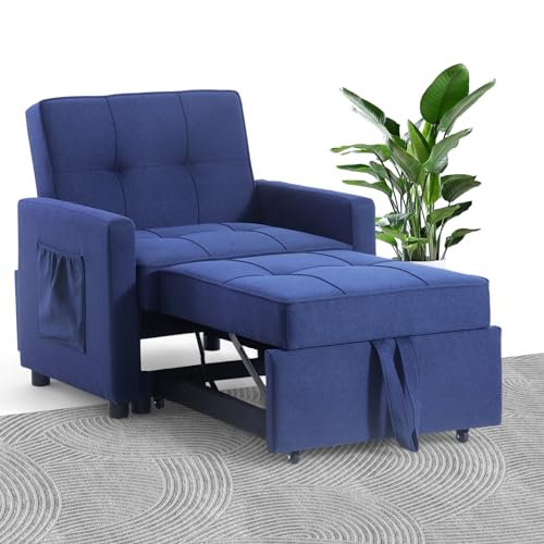 Blue Velvet Convertible Sleeper Sofa Bed with 2 Pillows Q986
