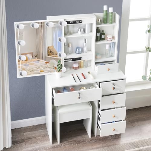 White Vanity Stool with Upholstered Cushion R7685