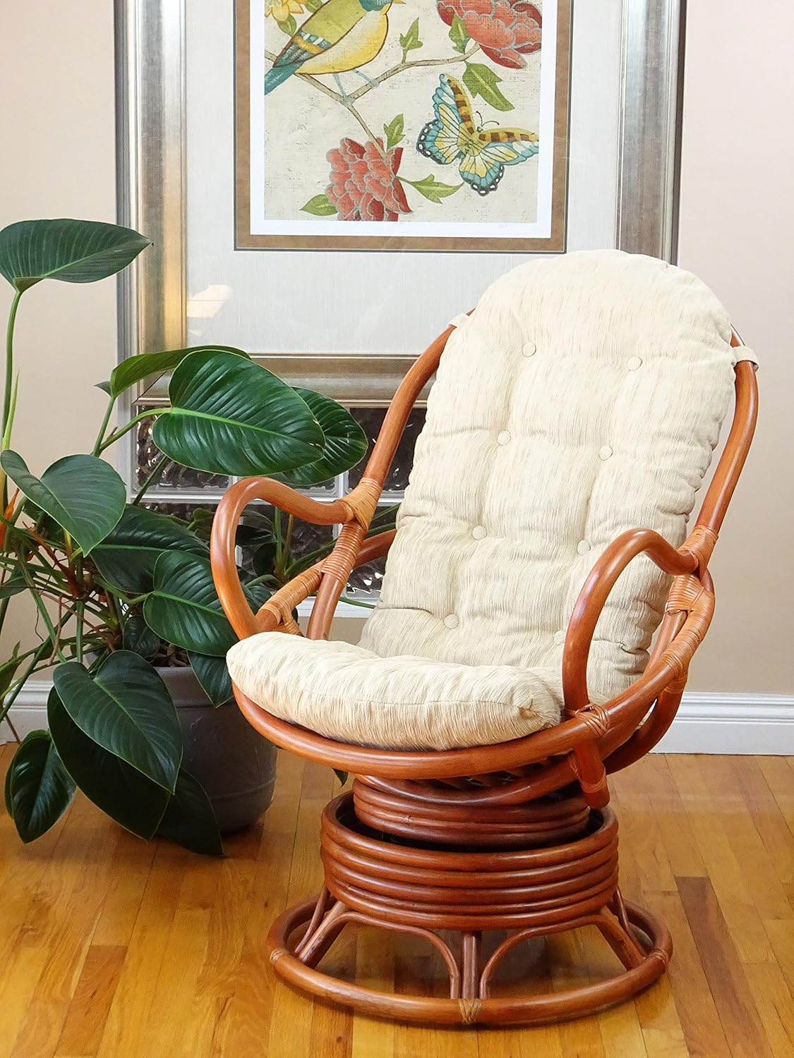 2 PC Natural Rattan Swivel Rocking Chair Set with Cream Cushion and Coffee Table H26882