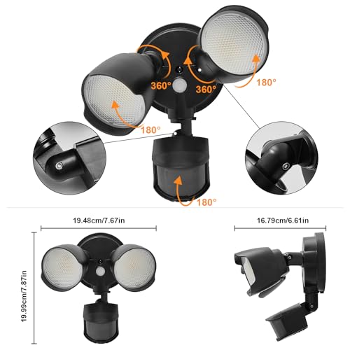 15W 1500 Lumen LED Security Lights with Motion Sensor Outdoor, 3000K/5000K Light, IP65 Waterproof, Dusk to Dawn, Dual-Head Flood Wall Light (Black) W282