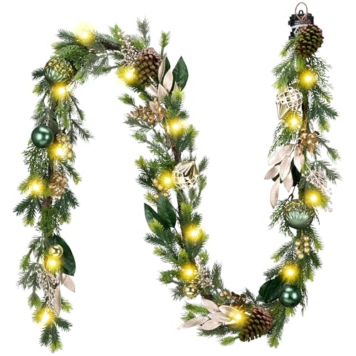 6Ft Prelit Christmas Garland with Pine Cone, Bow Ornaments (Green Gold) M968