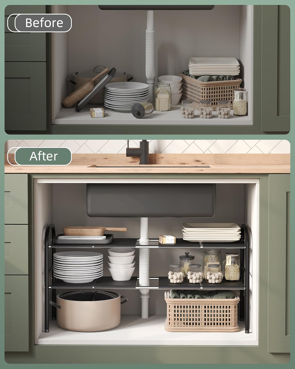 2 Tier Expandable Under Sink Organizer Shelf with 8 Removable Panels U886208