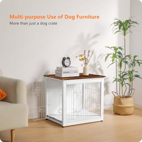Dog Crate Furniture with Cushion, Wooden Kennel Table with Double Doors, Dark Gray M463411