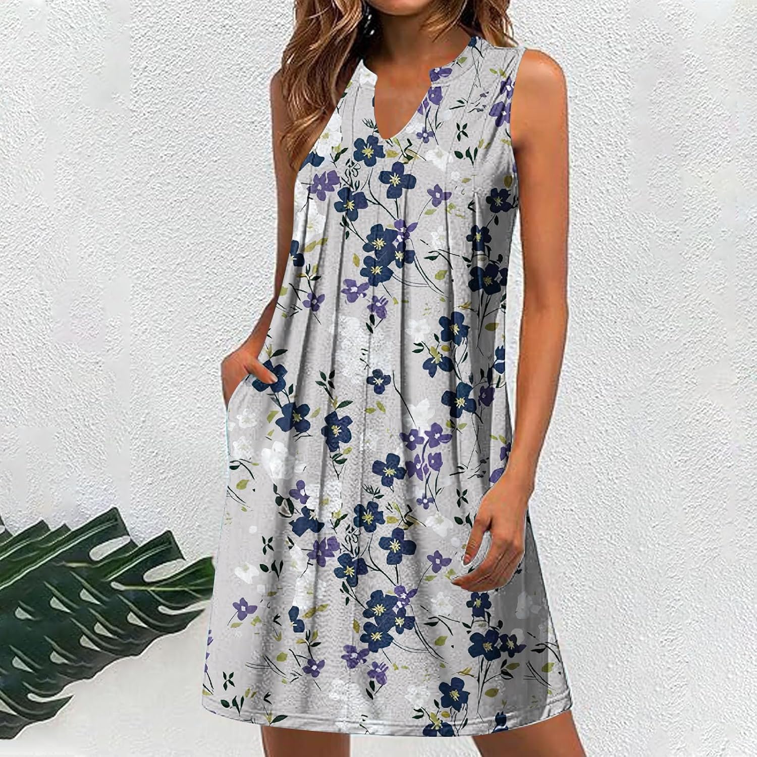 Women Casual A-Line Dress with Pockets Sleeveless V Neck Tshirt Dress Loose Pleated Flowy Dress C7143