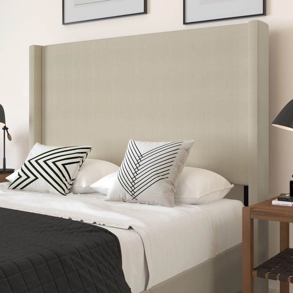 Beige Queen Size Platform Bed Frame with Padded Faux Linen Upholstered Wingback Headboard Z3555