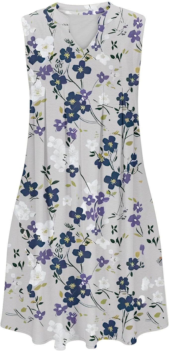Women Casual A-Line Dress with Pockets Sleeveless V Neck Tshirt Dress Loose Pleated Flowy Dress C7143