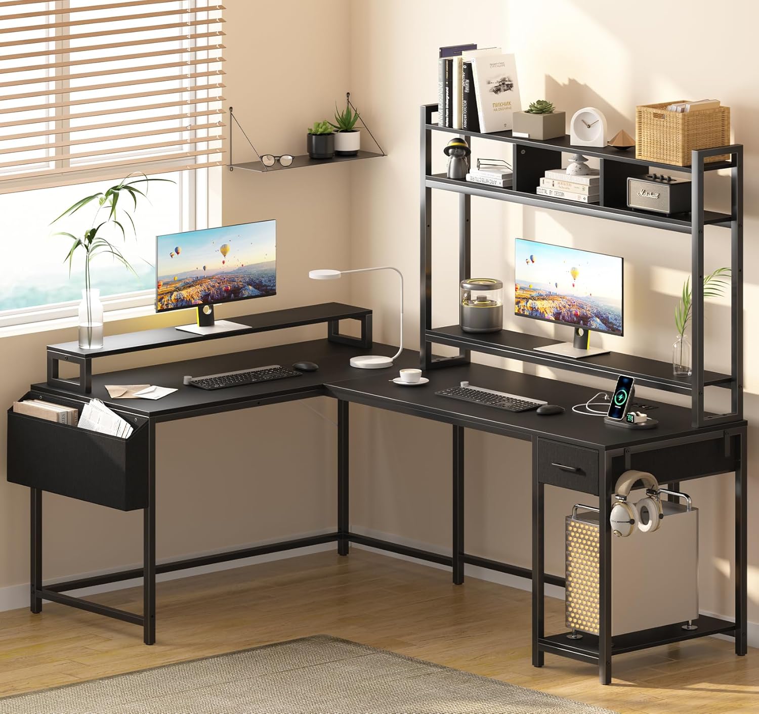 L Shaped Gaming Computer Desk with Monitor Shelf, Power Outlets & LED Lights P6877