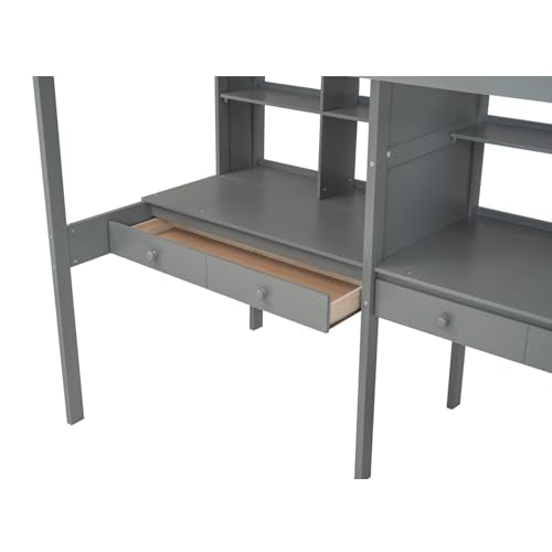 Gray Full Size Wood Loft Bed with Desk, Wardrobe and Three Storage Drawers Q4499