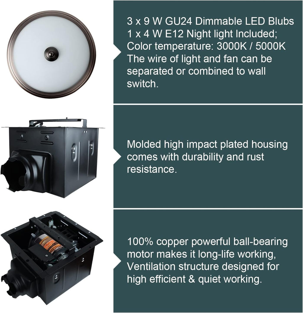 Bronze Round Exhaust Bathroom Fan with Light and Nightlight Q52636