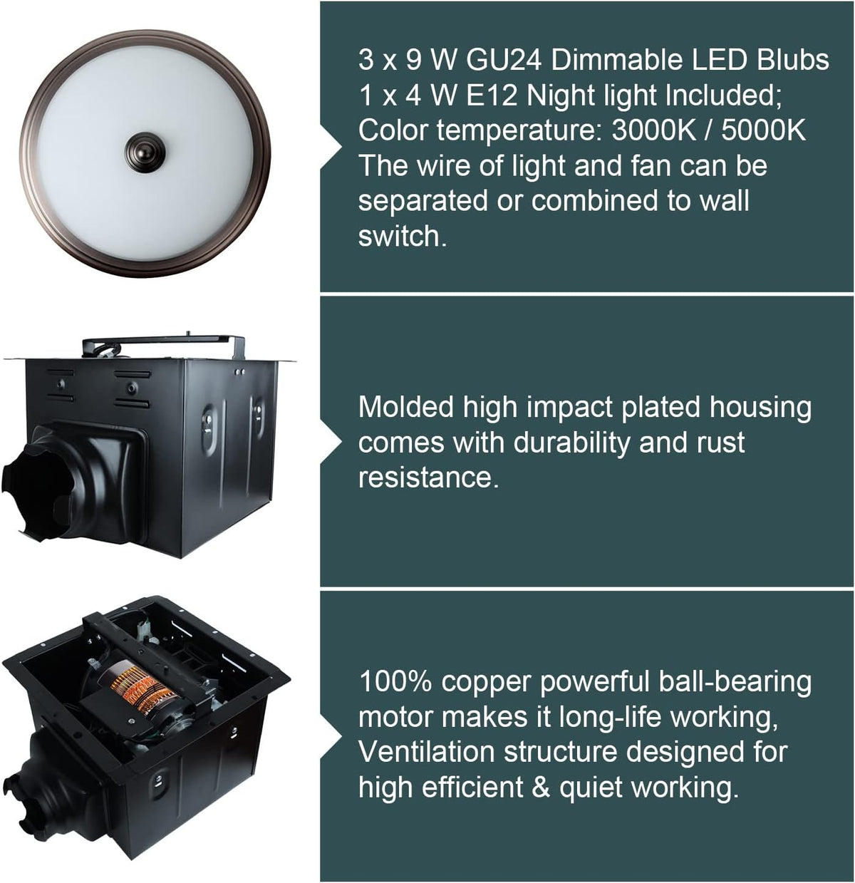 Bronze Round Exhaust Bathroom Fan with Light and Nightlight Q52636