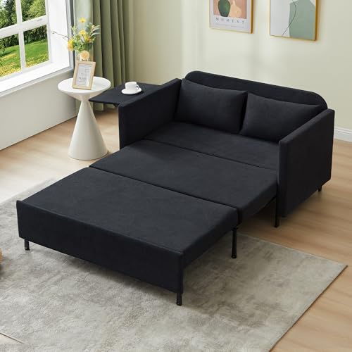 3-in-1 Sleeper Sofa Bed, 51'' Convertible Folding Couch with Pullout Bed, Chenille Futon Sleeper Sofa with Side Table and 2 Pillows, Grey X492320