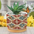 Blue And White Porcelain Ceramic Round Plant Pot with Drainage Holes And Bamboo Tray V316411