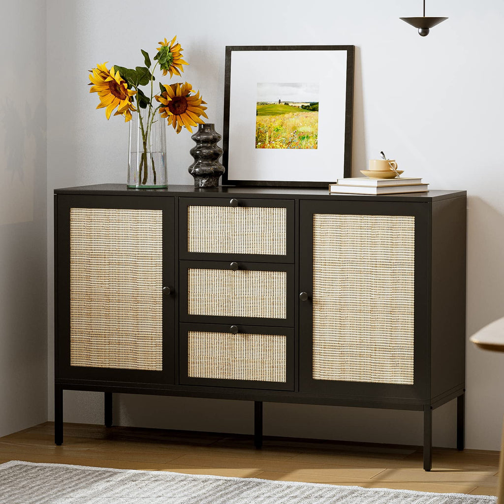 Black Rattan Sideboard Cabinet with 3 Drawers and 2 Doors K961098