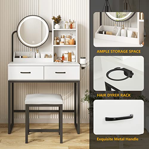 White Vanity Desk with Round Mirror and Lights and Hair Dryer Rack (Brown and Black, 15.75 * 31.5 * 53.6in) S917713