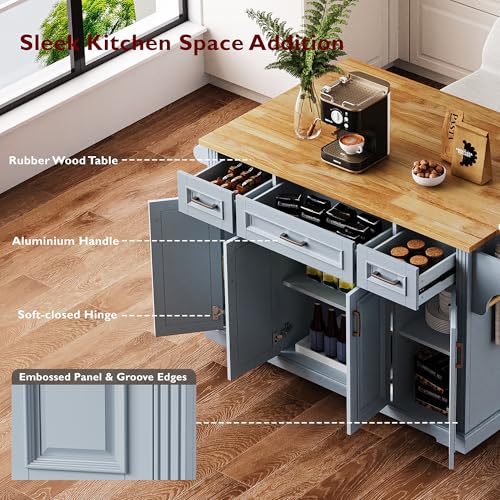 Green Large Kitchen Island with 2 Drop Leaf, 3 Drawers, 55.7" D8910