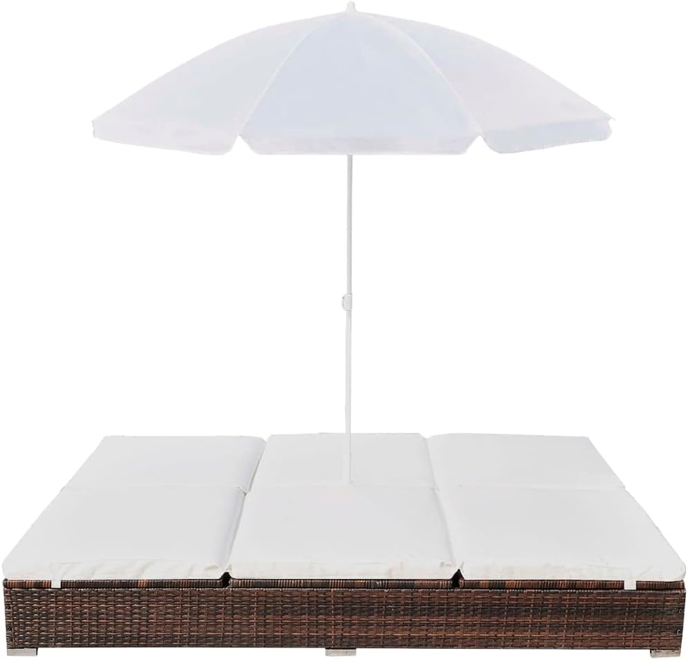 Brown Poly Rattan 2-Person Sun Lounger with Cushion and Umbrella Z1335