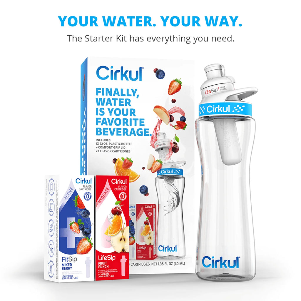 22oz Plastic Water Bottle Starter Kit with Blue Lid and 2 Flavor Cartridges W527
