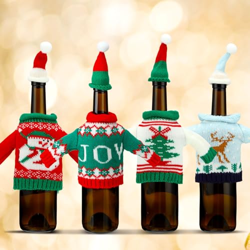 16 Sets Christmas Wine Bottle Sweater Cover with Hat Knitted Dress Snowman Elk Santa M733
