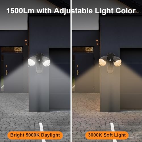 15W 1500 Lumen LED Security Lights with Motion Sensor Outdoor, 3000K/5000K Light, IP65 Waterproof, Dusk to Dawn, Dual-Head Flood Wall Light (Black) W282
