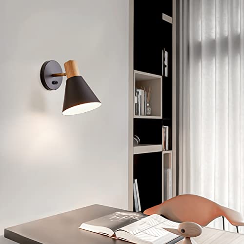Black Dimmable Wood Style Plug in Wall Sconce Q87409
