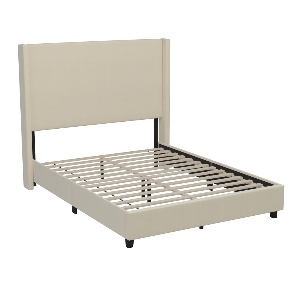 Beige Queen Size Platform Bed Frame with Padded Faux Linen Upholstered Wingback Headboard Z3555
