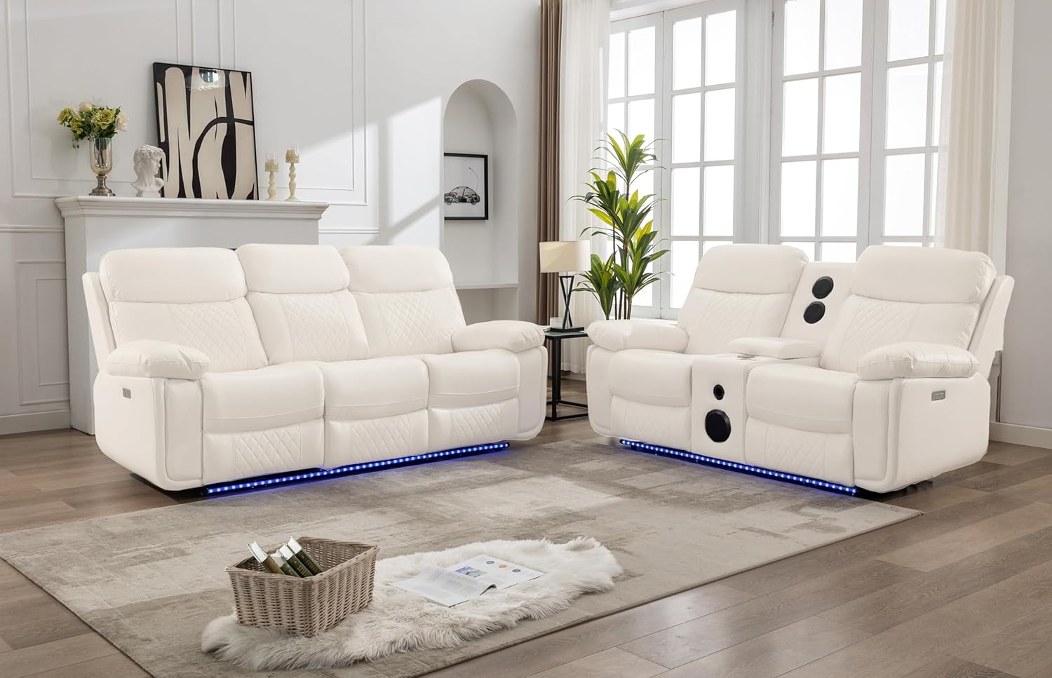 Cream Leather 3 Seater Reclining Sofa and Loveseat Set with Console R54999