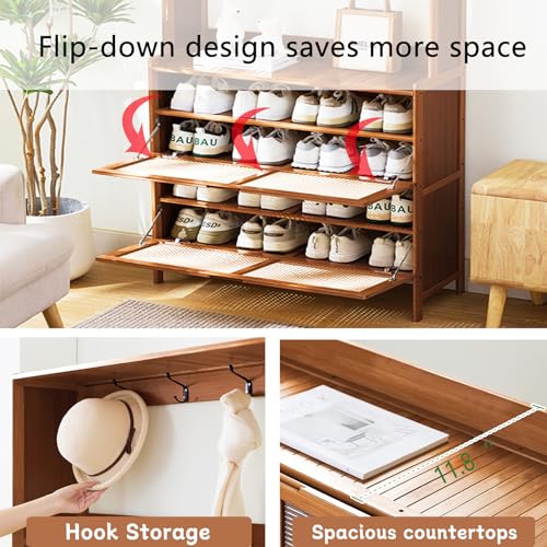 Bamboo Hall Tree with Shoe Storage, 14 Shoe Cubbies, 8 Coat Hooks, Rustic Brown T60268