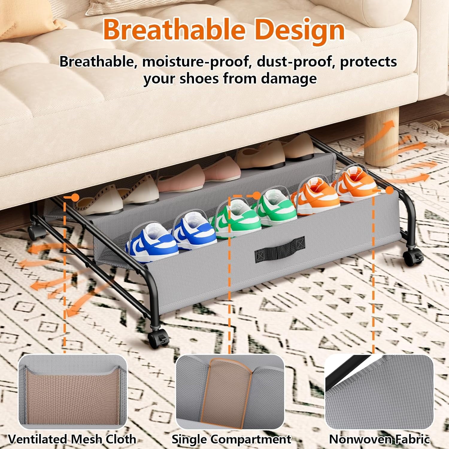 2 Pack Rolling Under Bed Shoe Storage with Breathable Mesh Pockets O102811