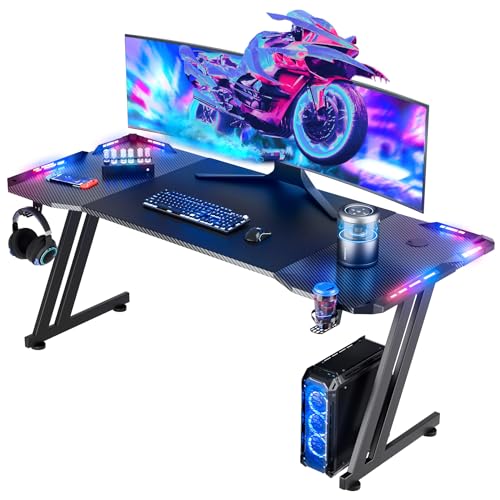 47 Inch Gaming Desk with LED Lights Carbon Fibre Surface S82709