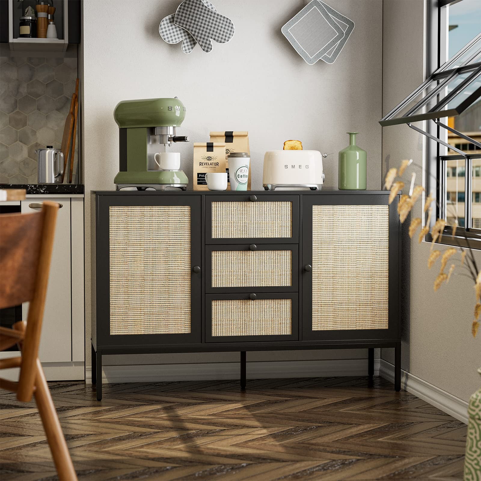 Black Rattan Sideboard Cabinet with 3 Drawers and 2 Doors K961098