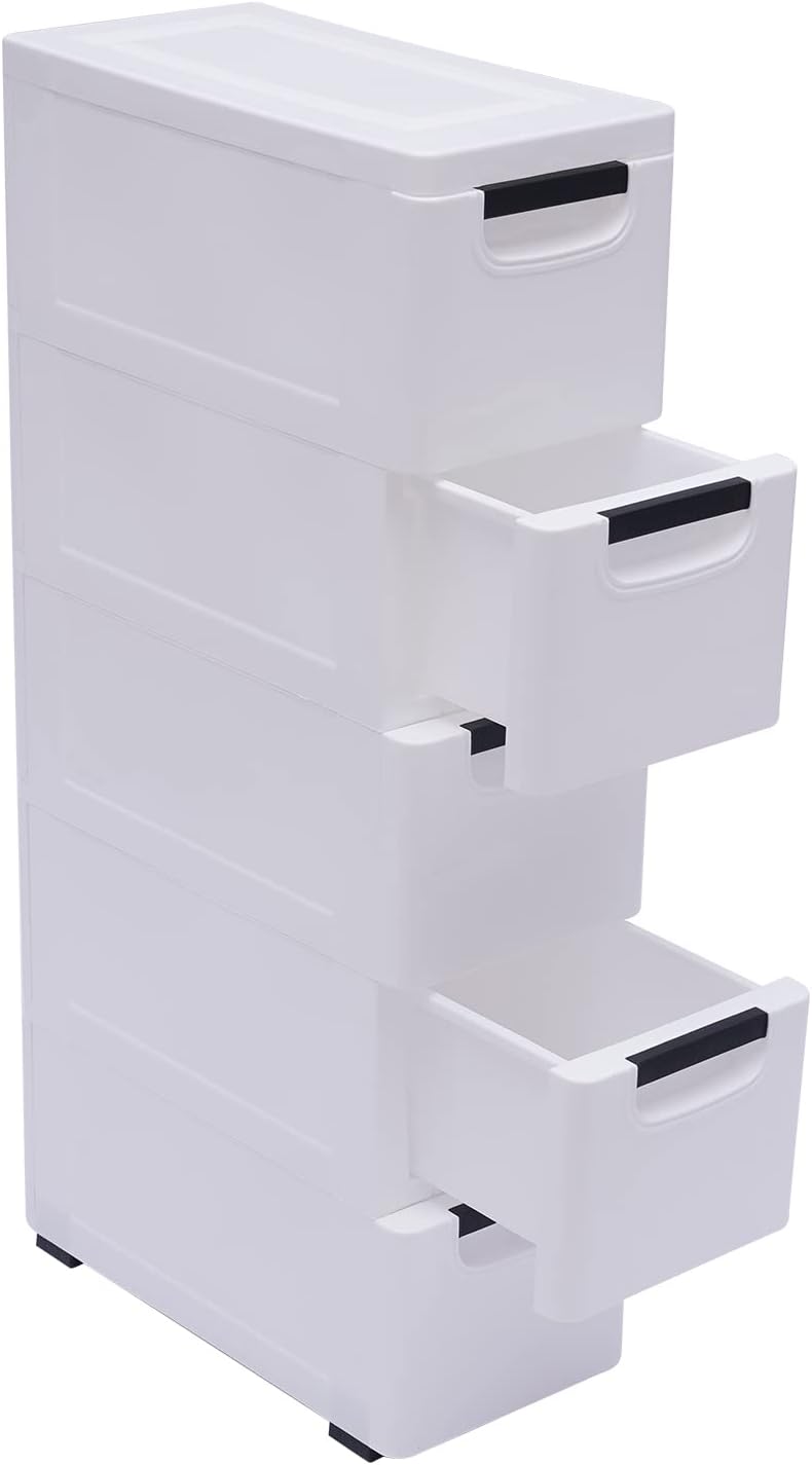 White 5 Drawer Plastic Storage Cabinet with Wheels Y620015