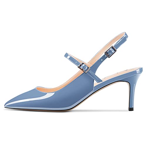 Women Pumps Pointed Toe Ankle Strap Slingback Stiletto Kitten Low Heel Dress Shoes Patent 2.5 Inch R98593