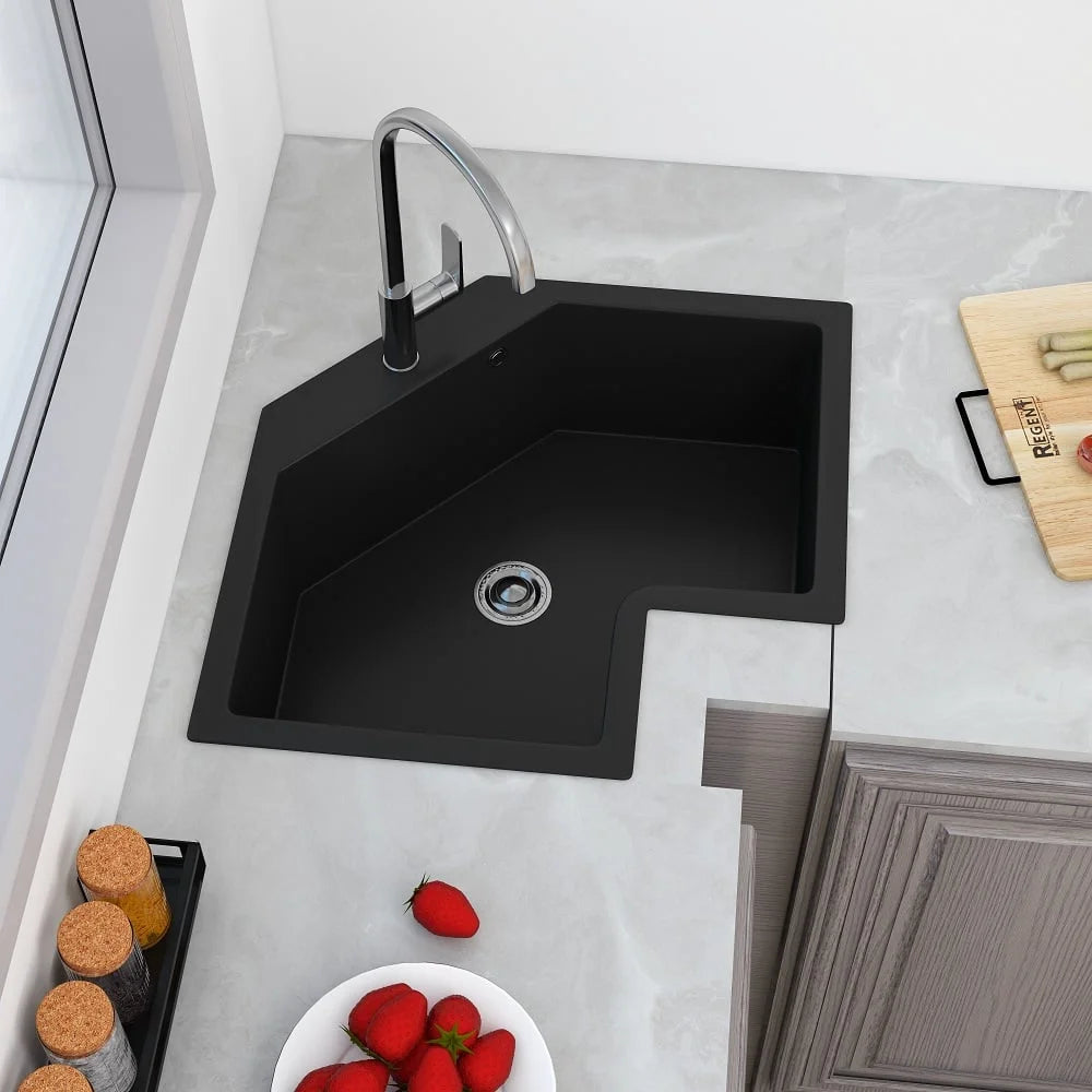 Black Drop In Corner Kitchen Sink Single Bowl Quartz W163