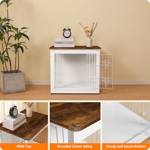 Dog Crate Furniture with Cushion, Wooden Kennel Table with Double Doors, Dark Gray M463411