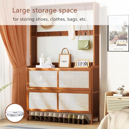 Bamboo Hall Tree with Shoe Storage, 14 Shoe Cubbies, 8 Coat Hooks, Rustic Brown T60268