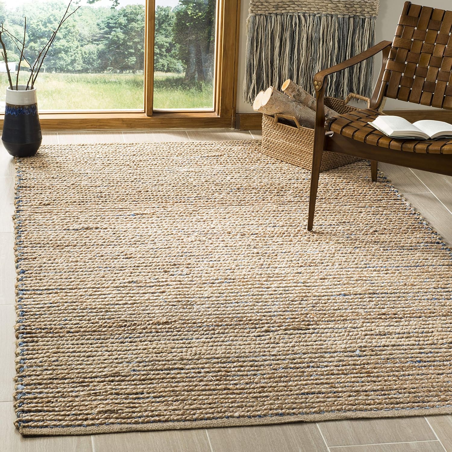 Natural & Blue Handmade Jute Accent Rug F402