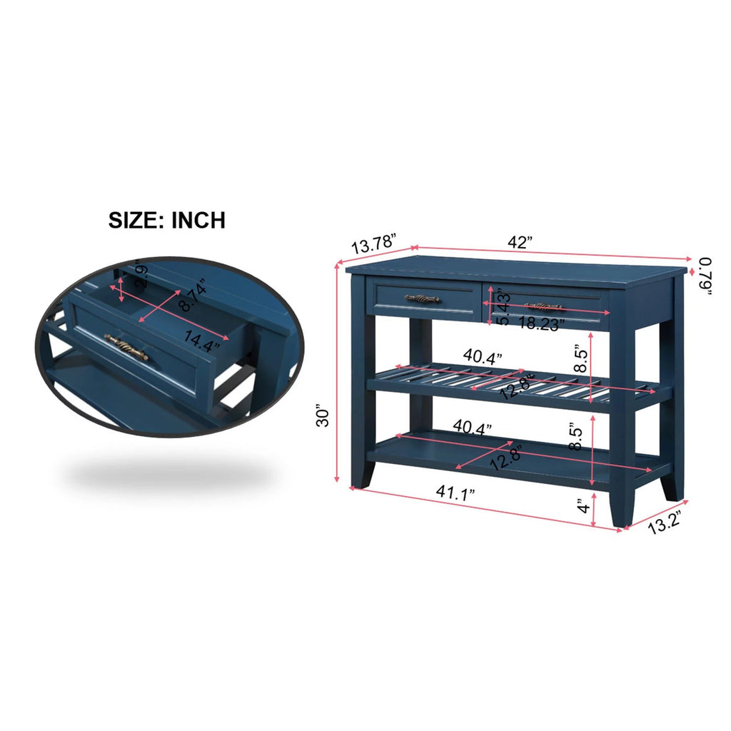 Navy Blue 42'' Solid Wood Console Sofa Table with 2 Drawers and 2 Shelves H535