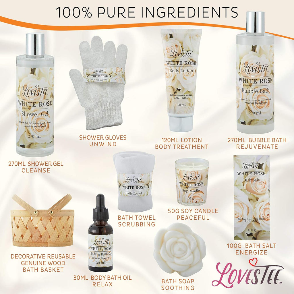 White Rose Set Body Lotion, Shower Gel, Bubble Bath, Bath Salt, Towel, Soap, Oil, Candle, Gloves R268648