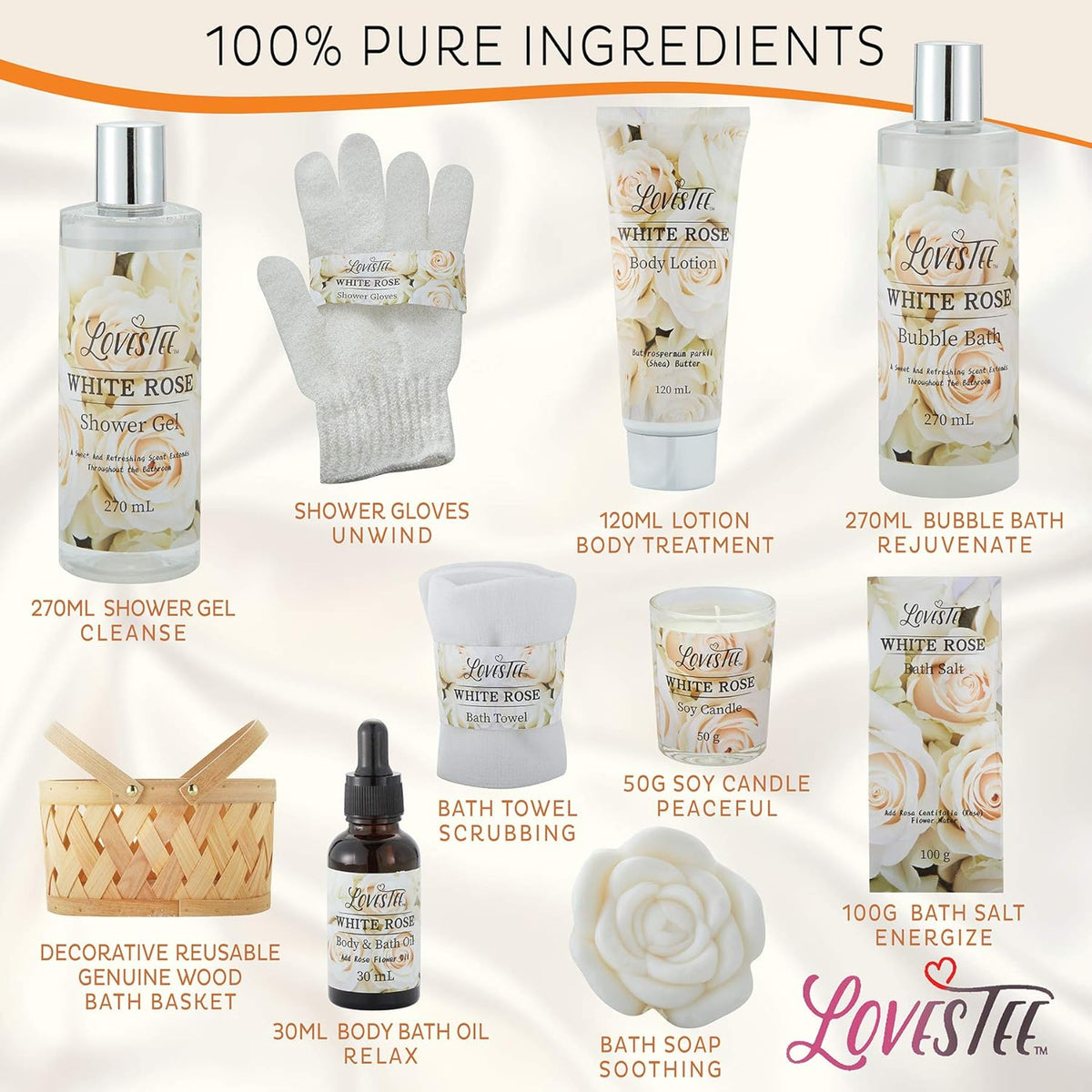 White Rose Set Body Lotion, Shower Gel, Bubble Bath, Bath Salt, Towel, Soap, Oil, Candle, Gloves R268648